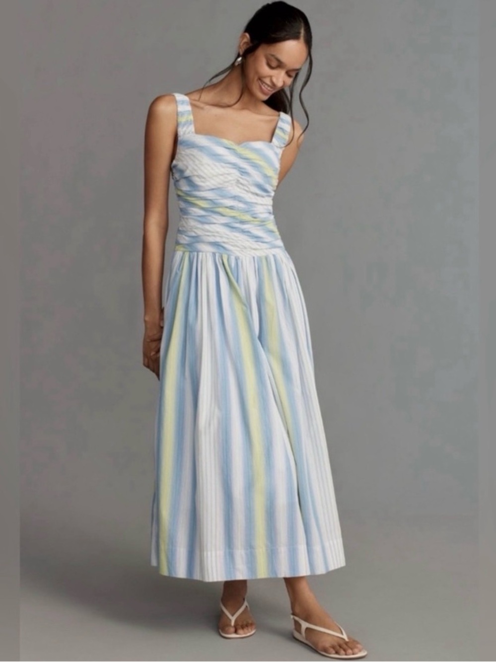 NWT Anthropologie Smocked Stripe Maxi Dress | Blue White Green | Size L - Picture 1 of 4